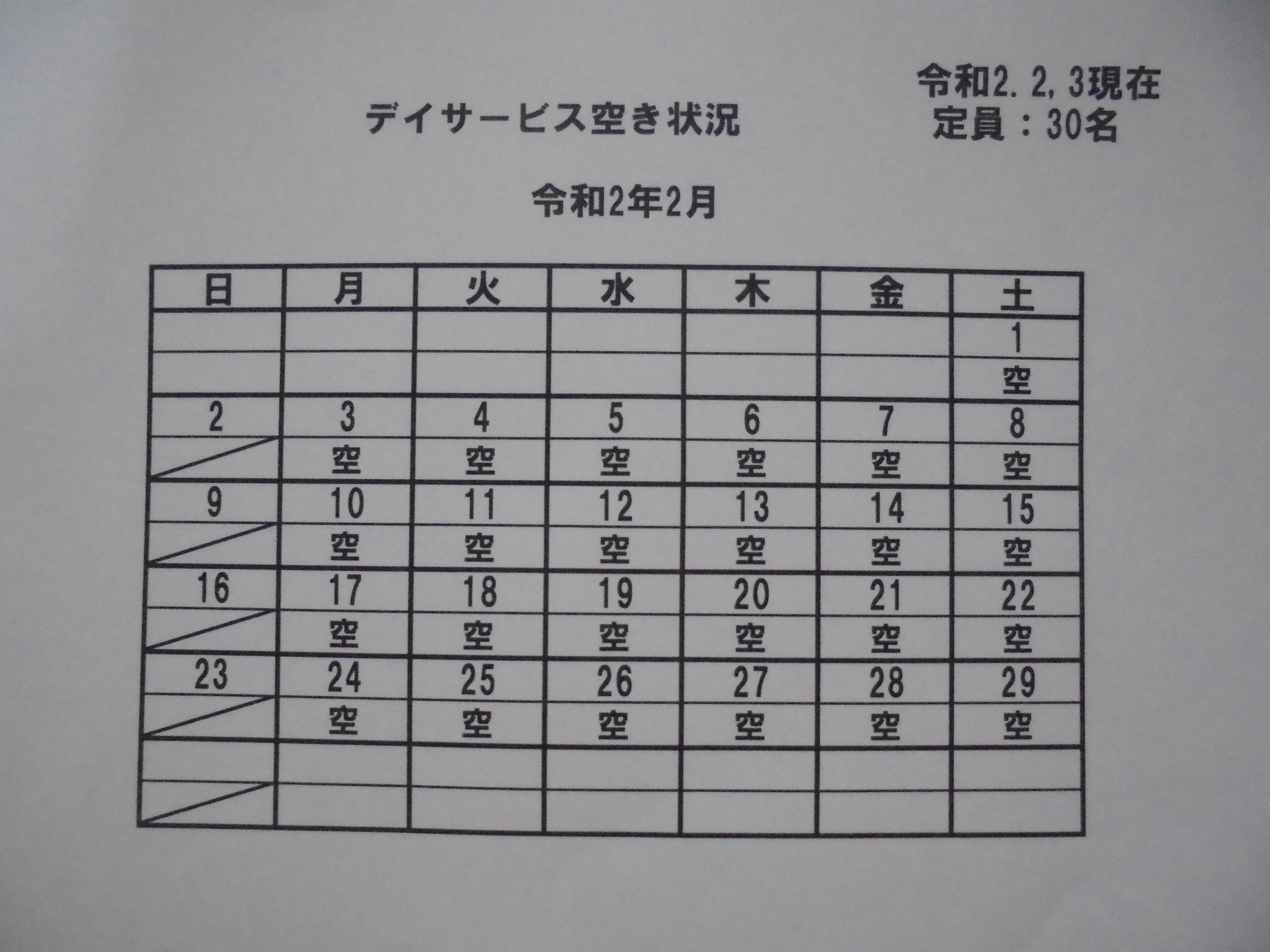 2月の空き状況